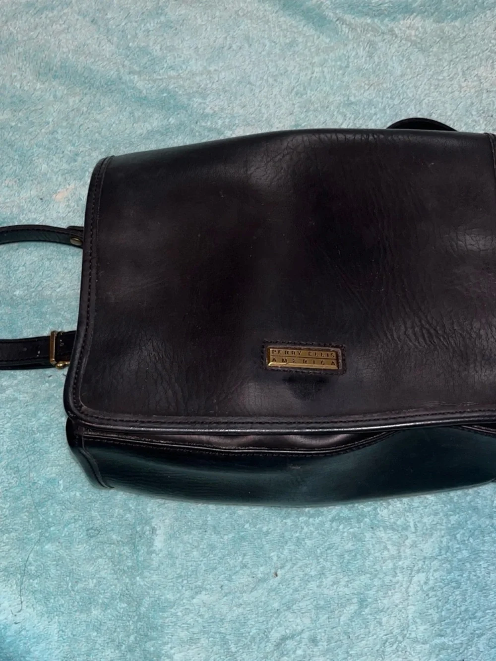 Perry Ellis Black Leather Messenger Bag with Brass Logo Plate